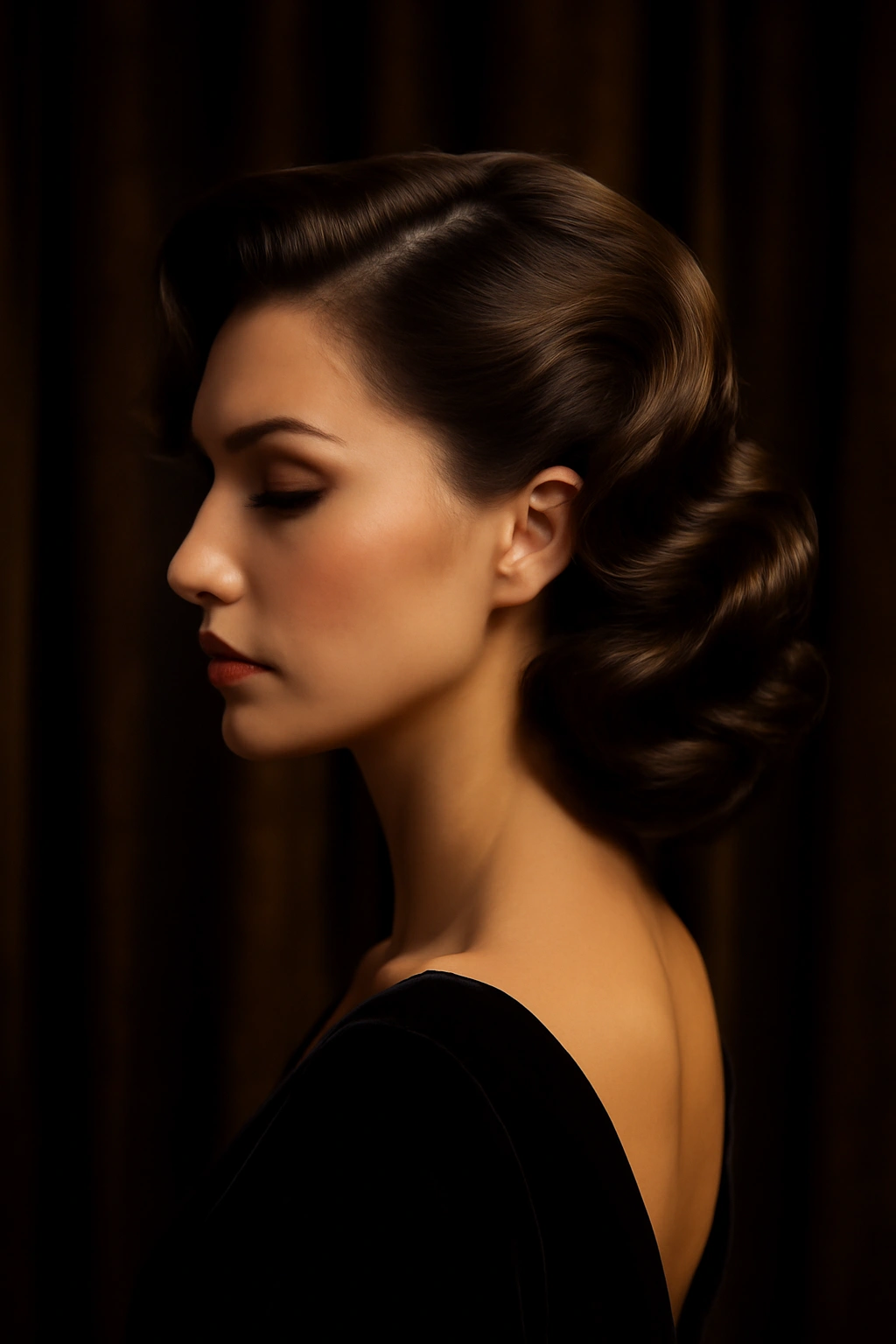 Close-up of Hollywood waves updo with pinned loose waves