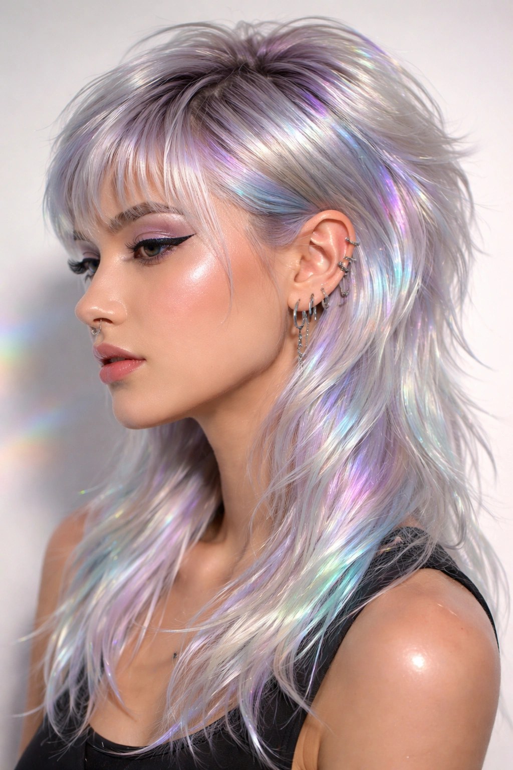 Close-up of holographic silver mullet with iridescent tints catching light