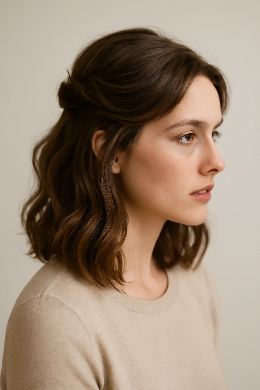 Portrait of a person with a medium-length homecoming hairstyle featuring soft waves and a half-up style, reflecting a contemplative mood