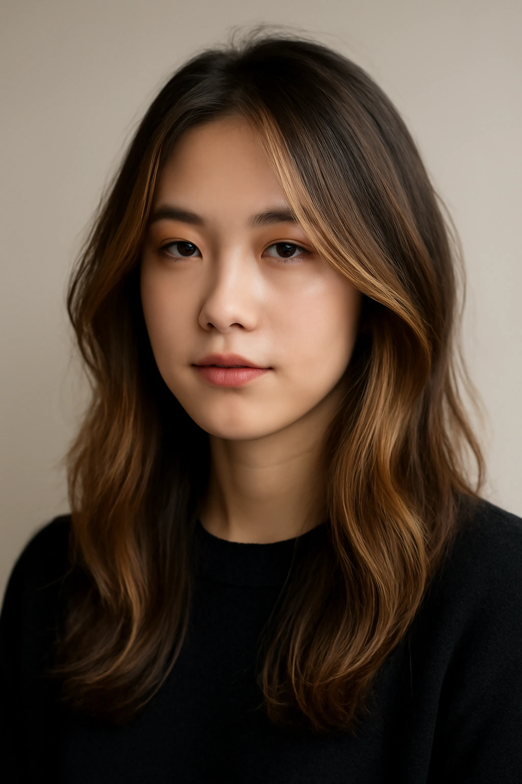 Dark base hair with honey blonde highlights and face-framing color
