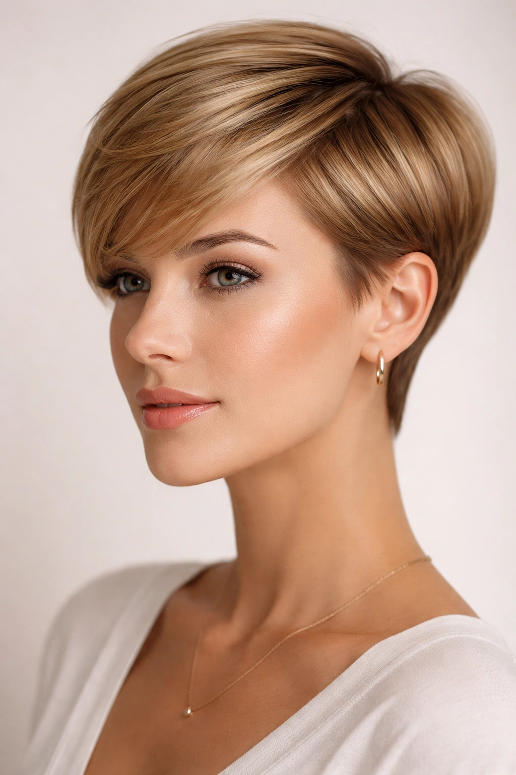 Portrait of a model with a sleek honey-blonde pixie cut in studio lighting.