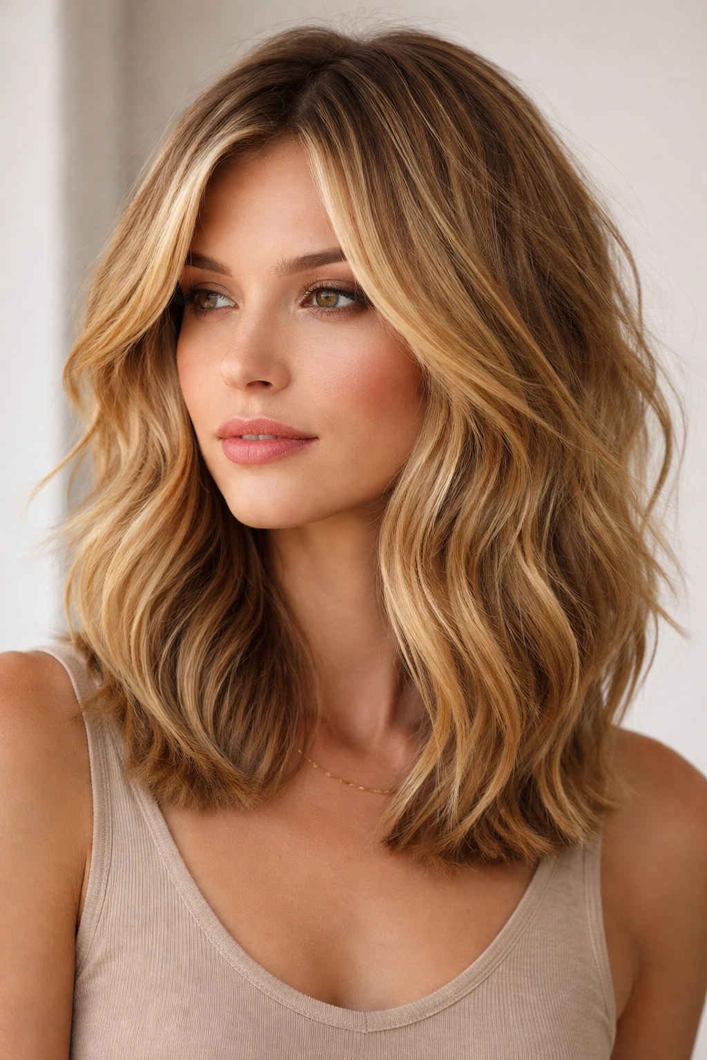 Textured honey-blonde lob with layers showing color dimension