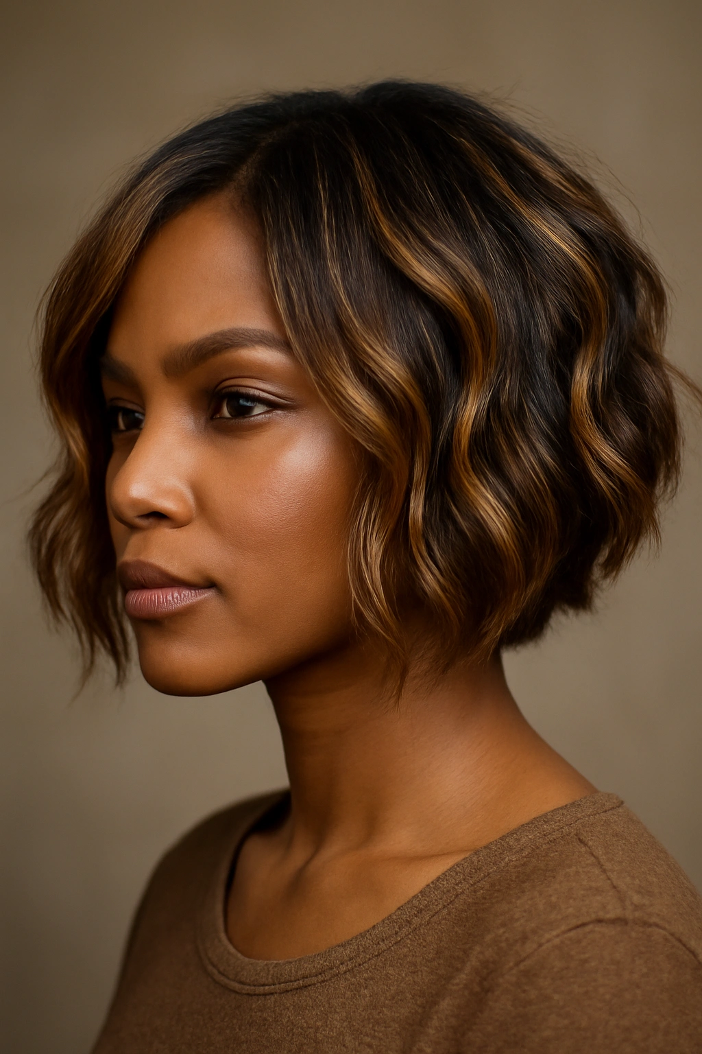 Honey-highlighted textured bob on a Black woman in studio lighting
