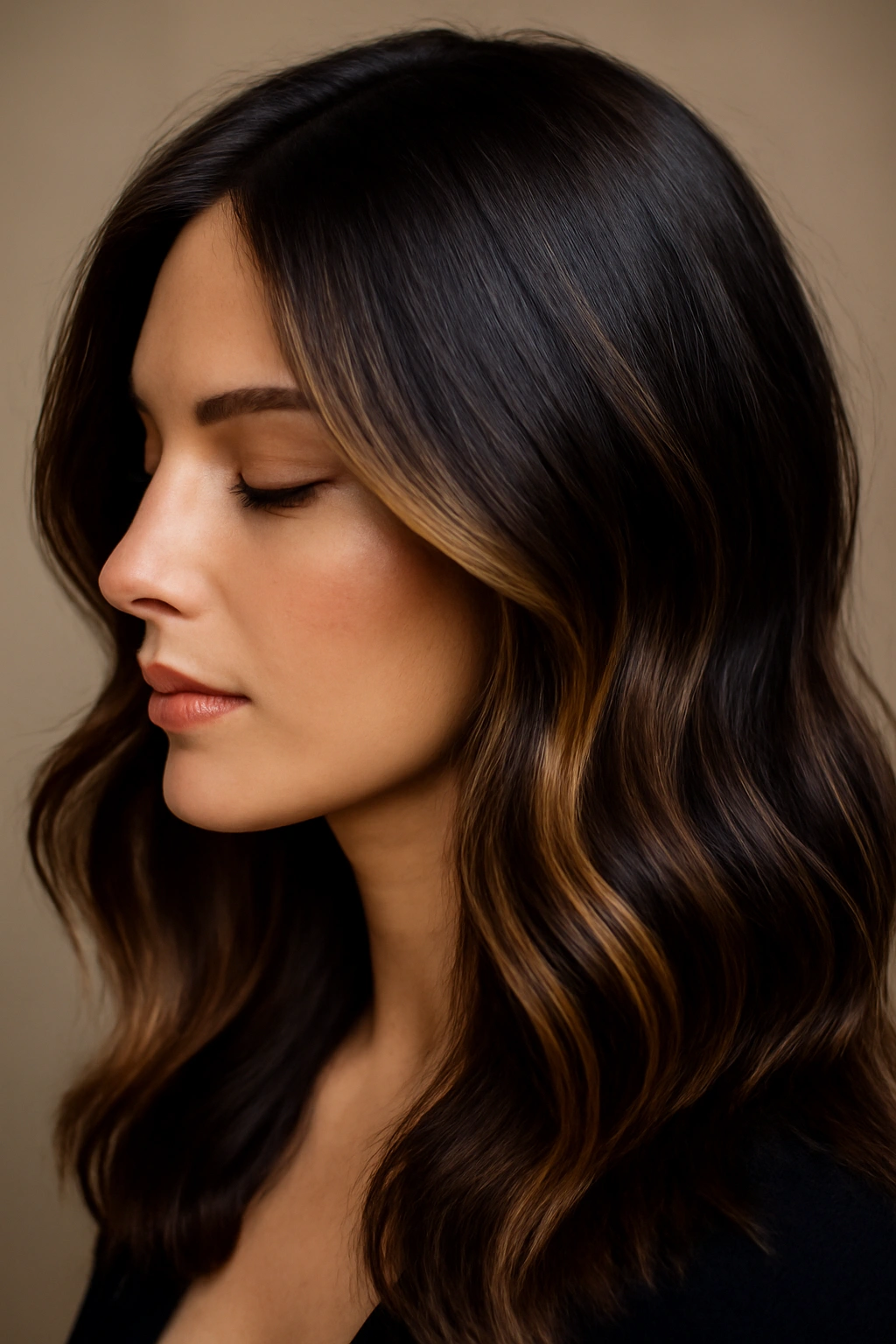 Close-up of deep chocolate hair showing honey money pieces framing the face