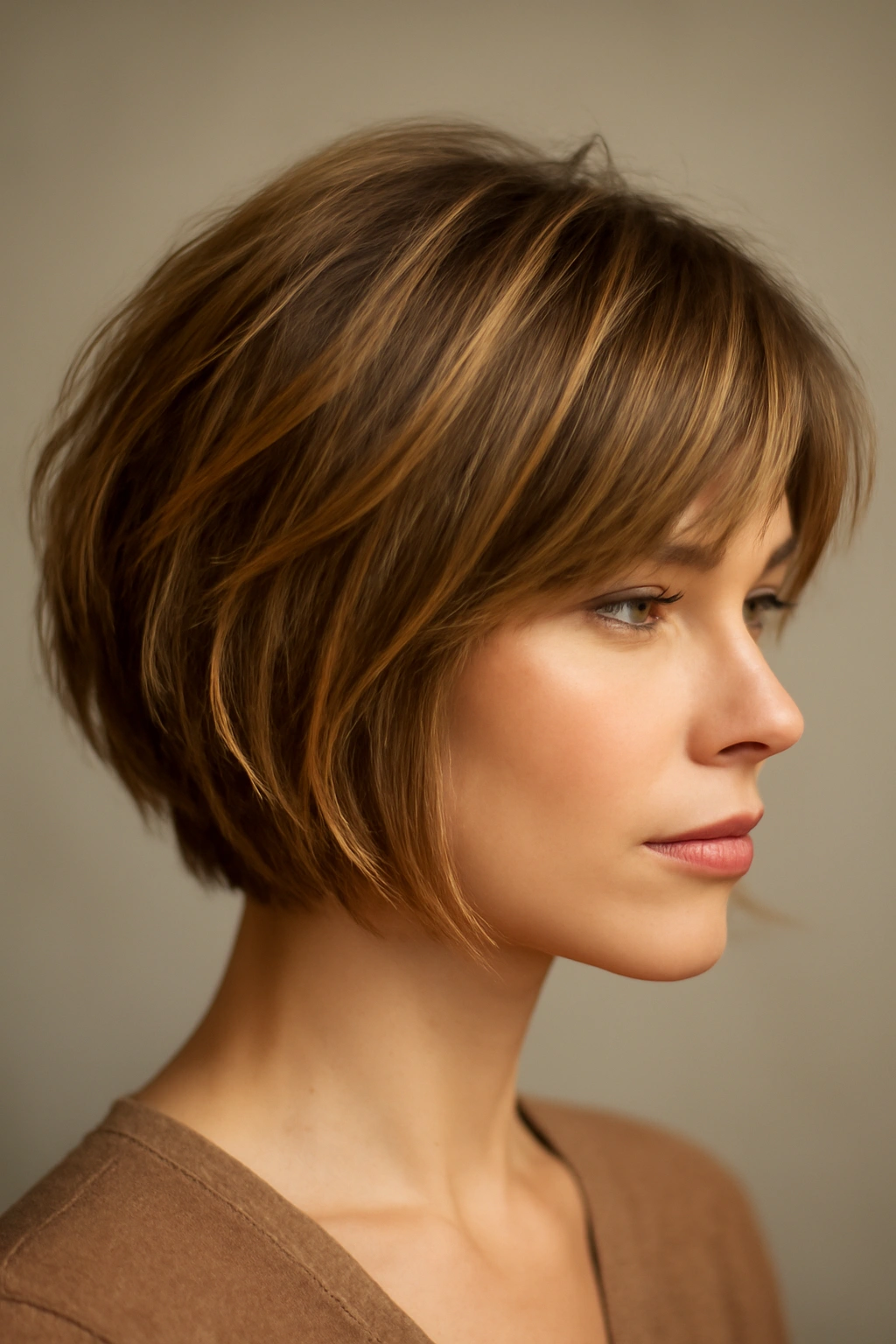 Layered bob with honey-toned warmth and textured pieces