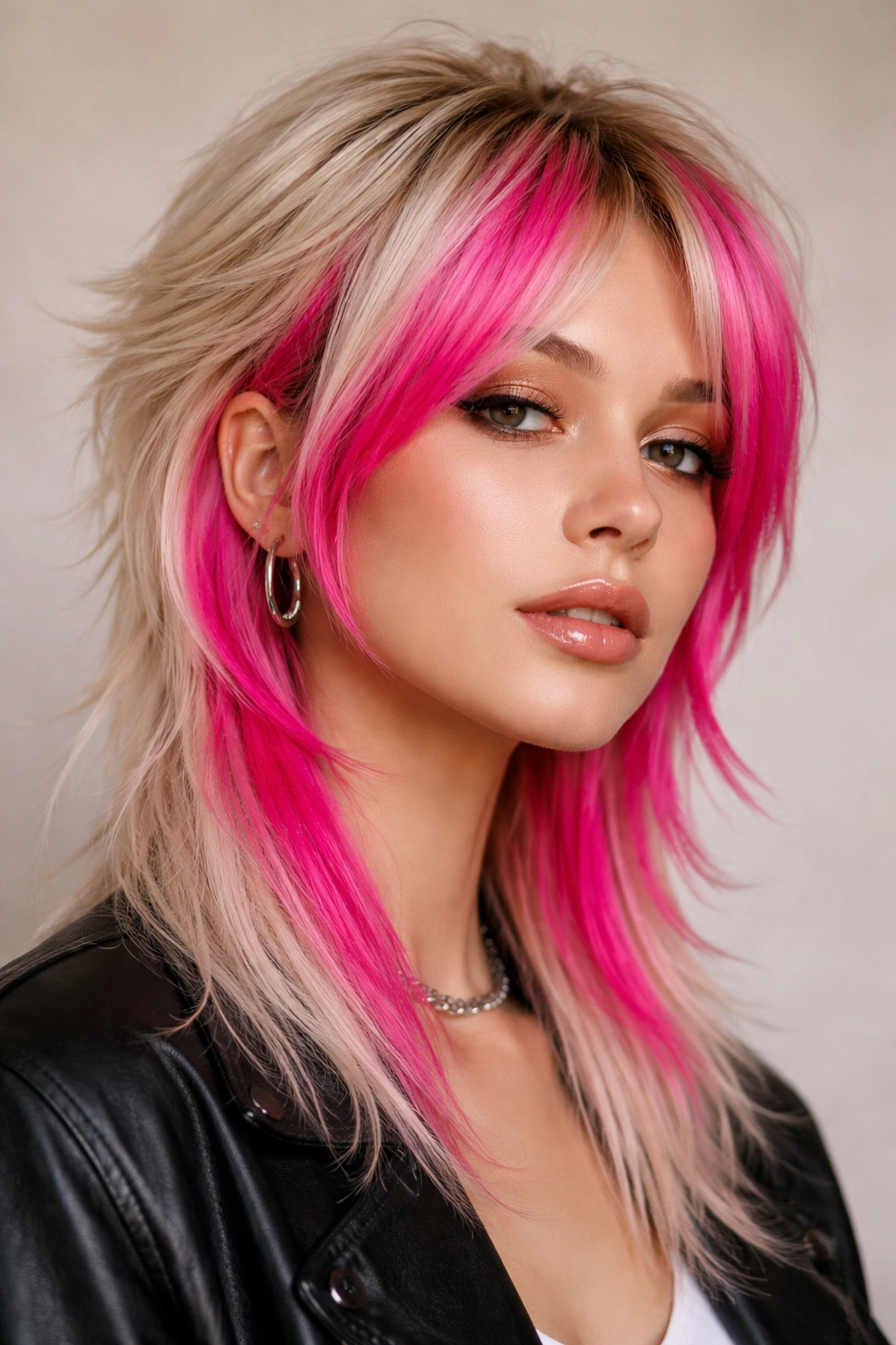 Close-up of hot pink money pieces on a blonde mullet with face-framing color