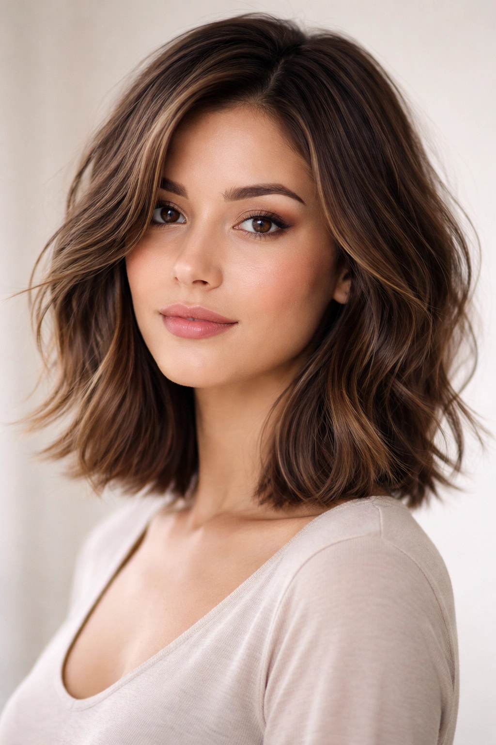 Close-up of a shoulder-length hybrid bob with mixed textures on a model