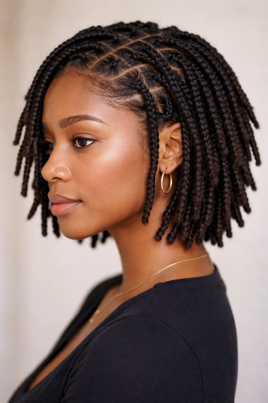 Short hair showing box braids transitioning into loc-like texture