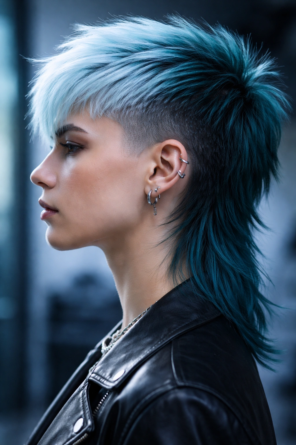 Profile view of an icy blue mullet with teal back