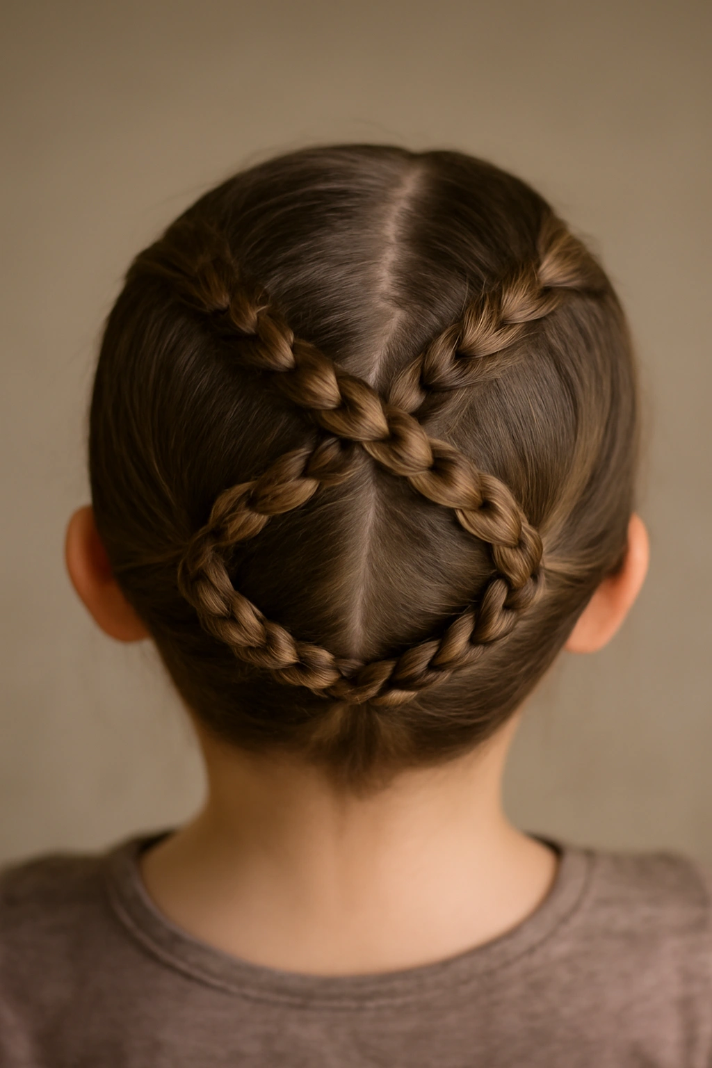 Top-down view of two braids forming an infinity loop on a child's crown