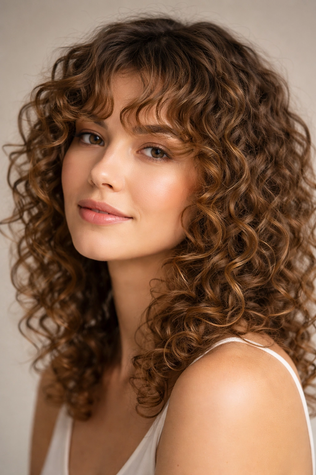 Integrated bangs blending into fine curls.
