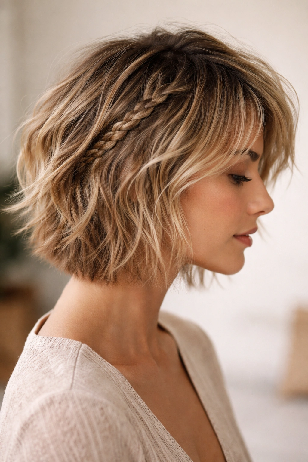 Close-up of a thin integrated braid woven into a textured shag hairstyle