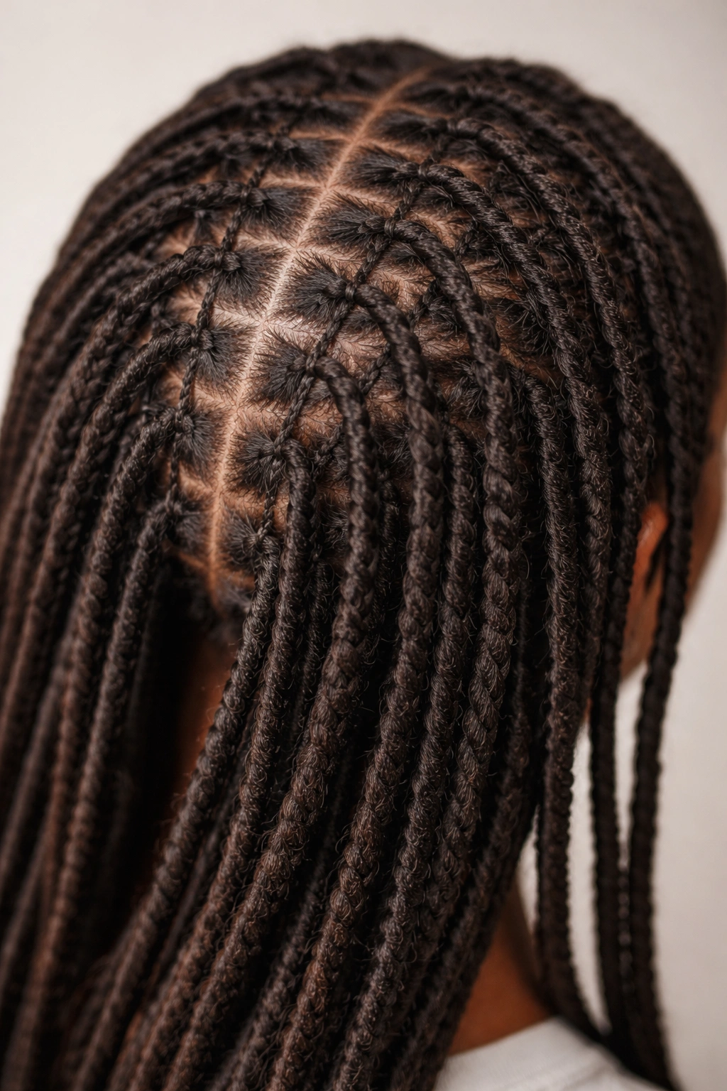 Interlocked locs create geometric patterns on the scalp.