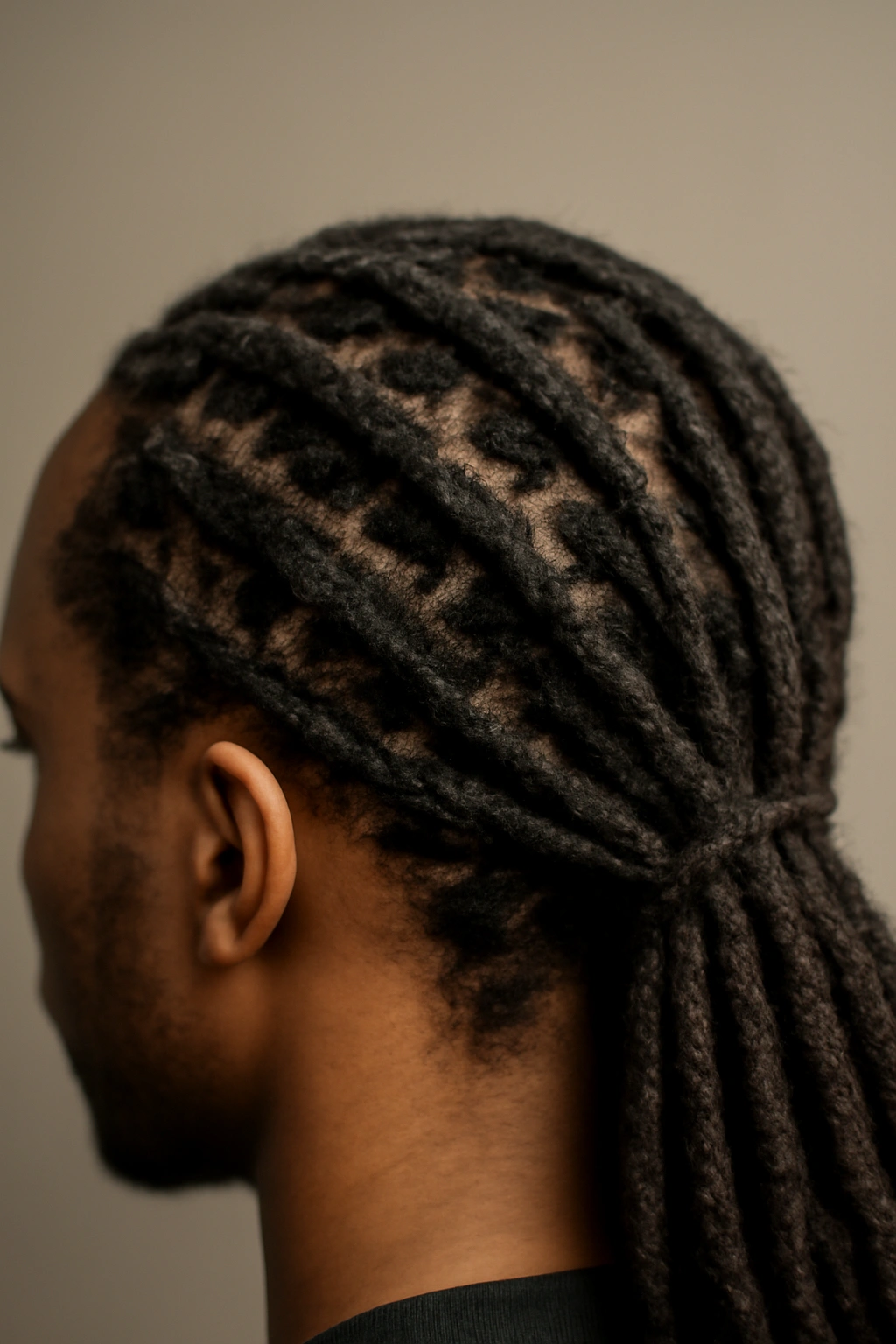 Close-up of interlocked locs showing tight root pattern in studio lighting
