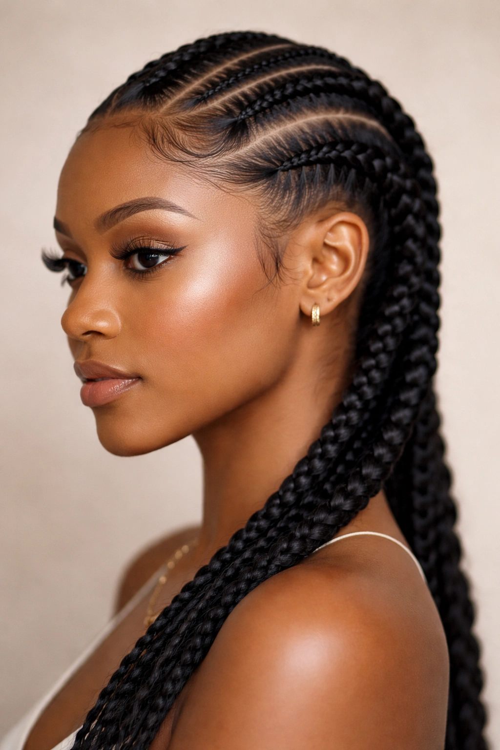 Close-up of two intricate cornrows starting from a side part along the scalp