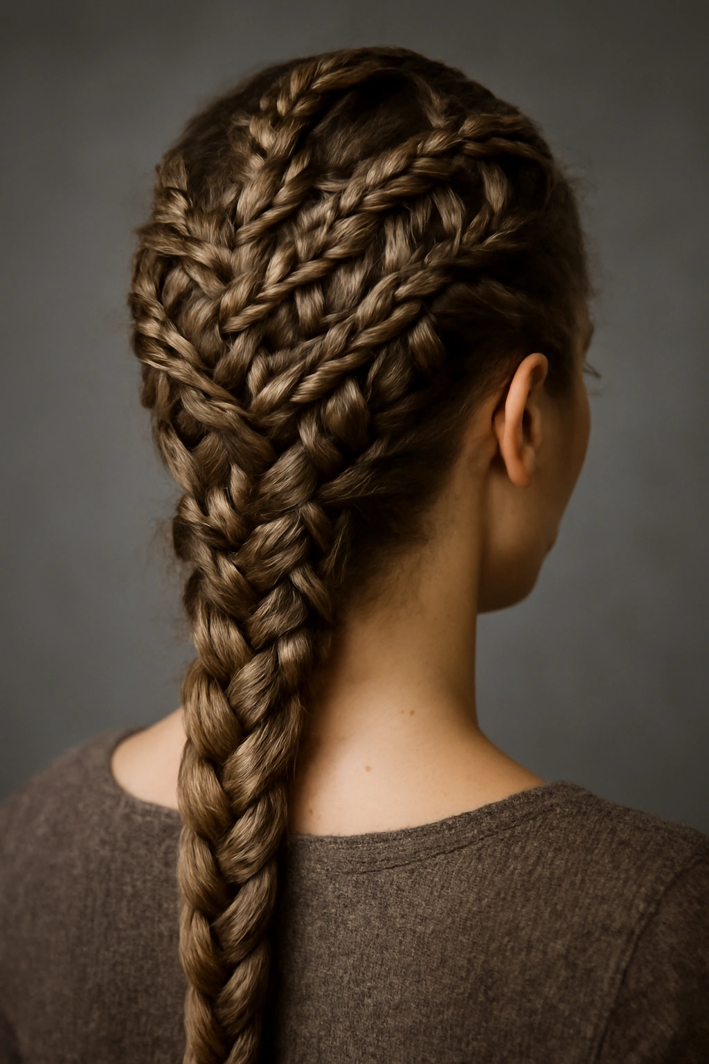 Close-up of intricate Nordic weave braids across the scalp with architectural pattern