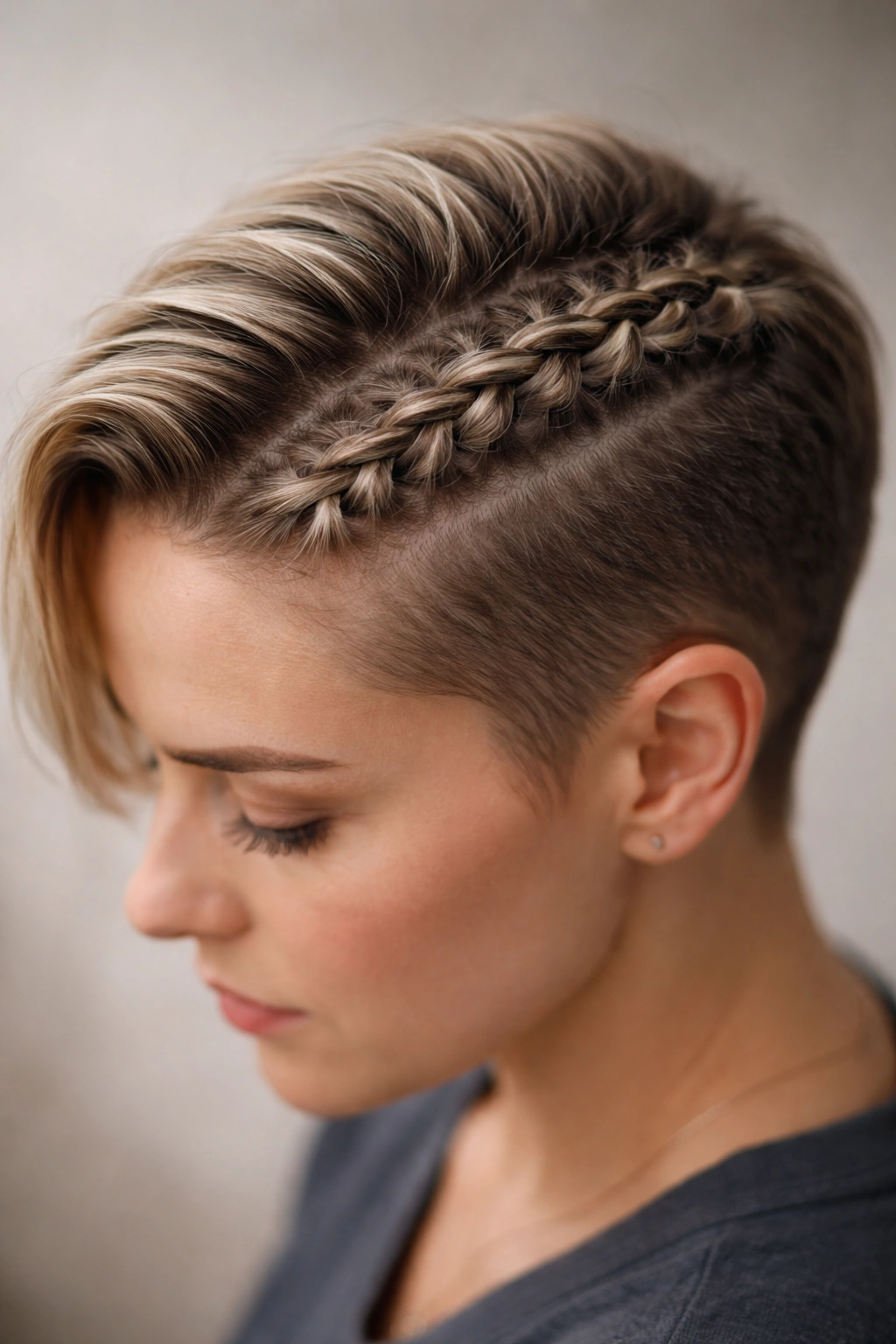 Close-up of scalp with cornrow-style braid on short hair