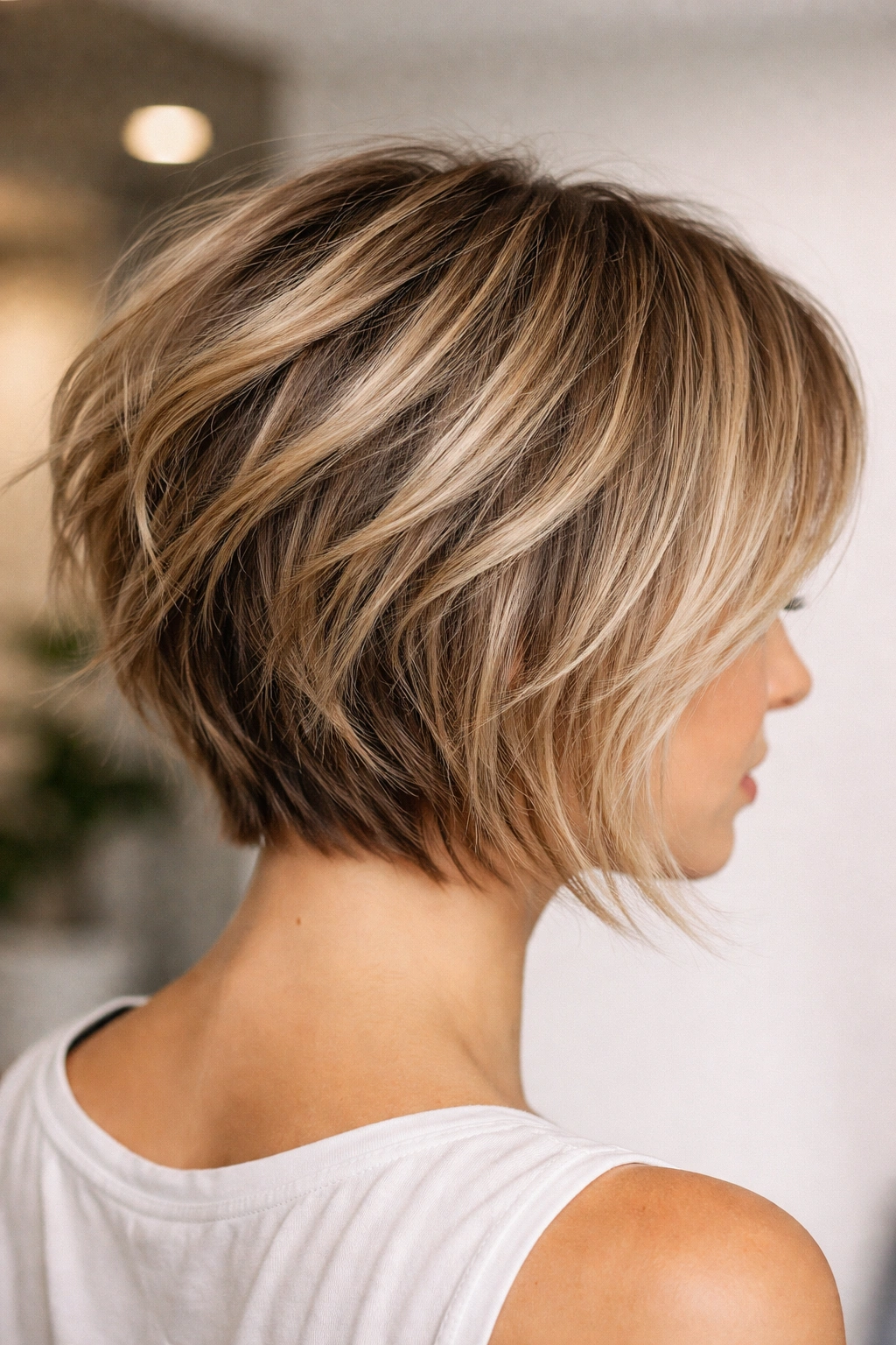 Inverted bob with wispy, textured layers and forward-framing front pieces, showcasing volume