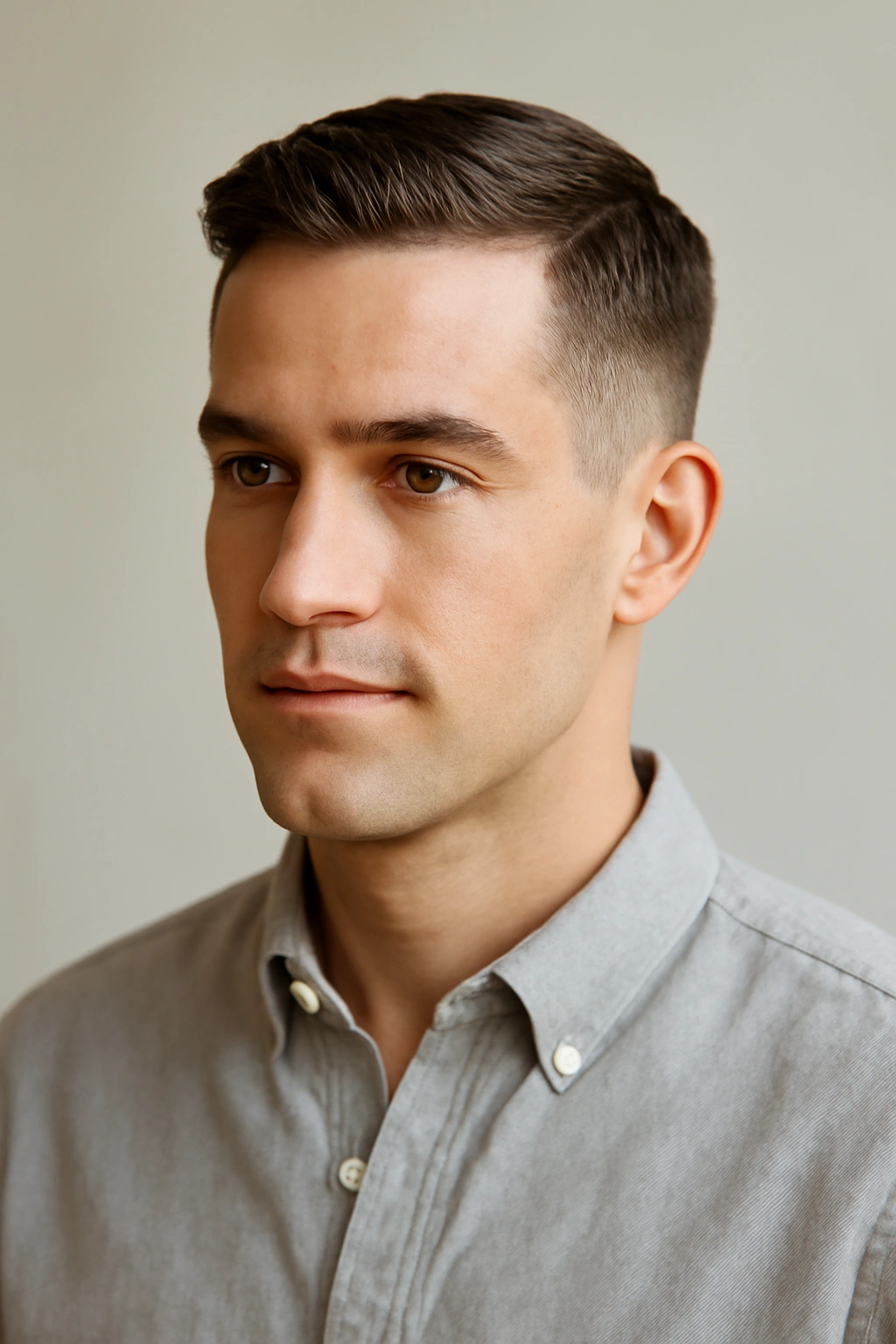 Portrait of a man with an Ivy League cut: short sides and slightly longer top, neat and classic.