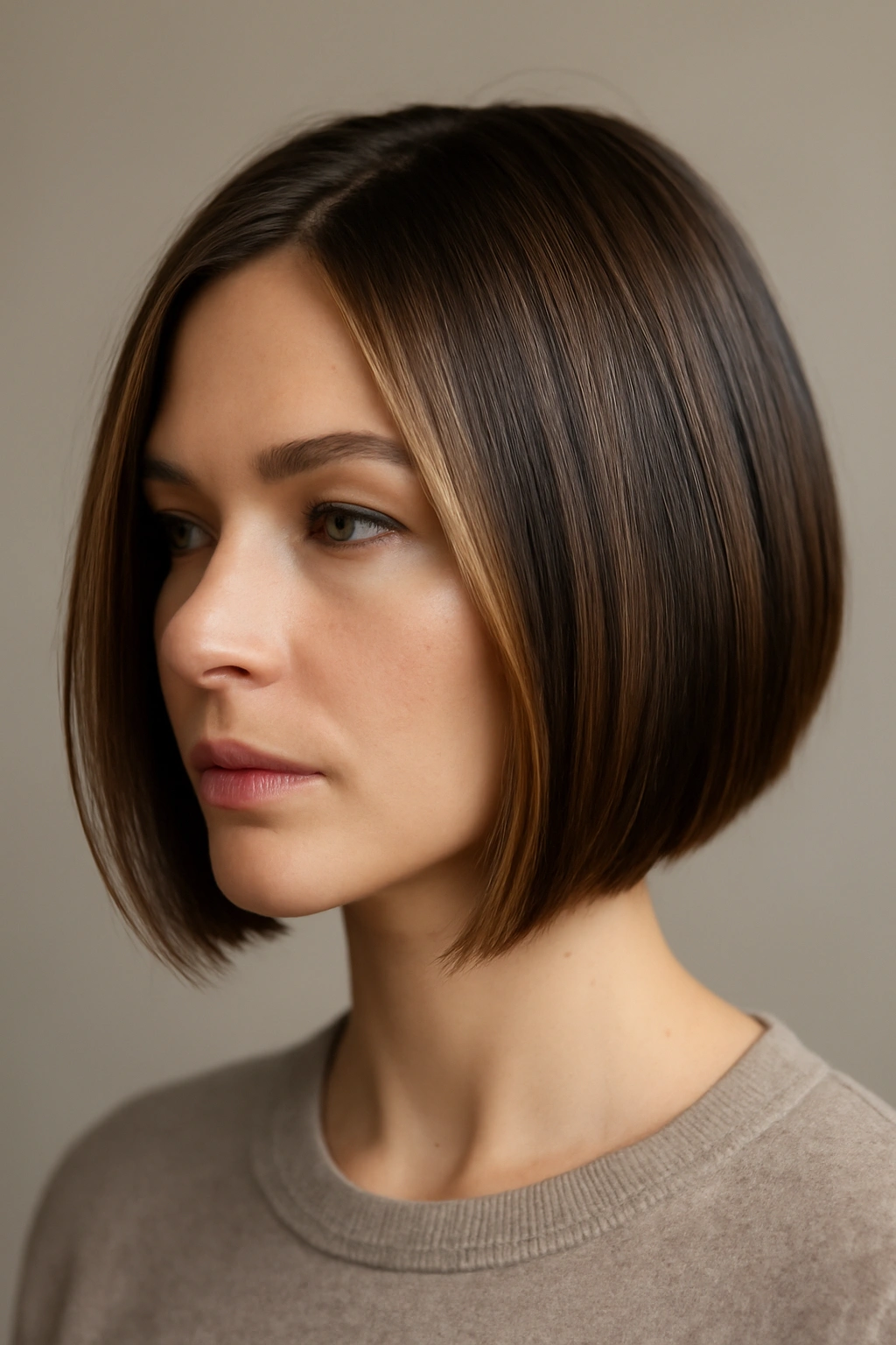 Jaw-length bob with caramel money pieces framing the face