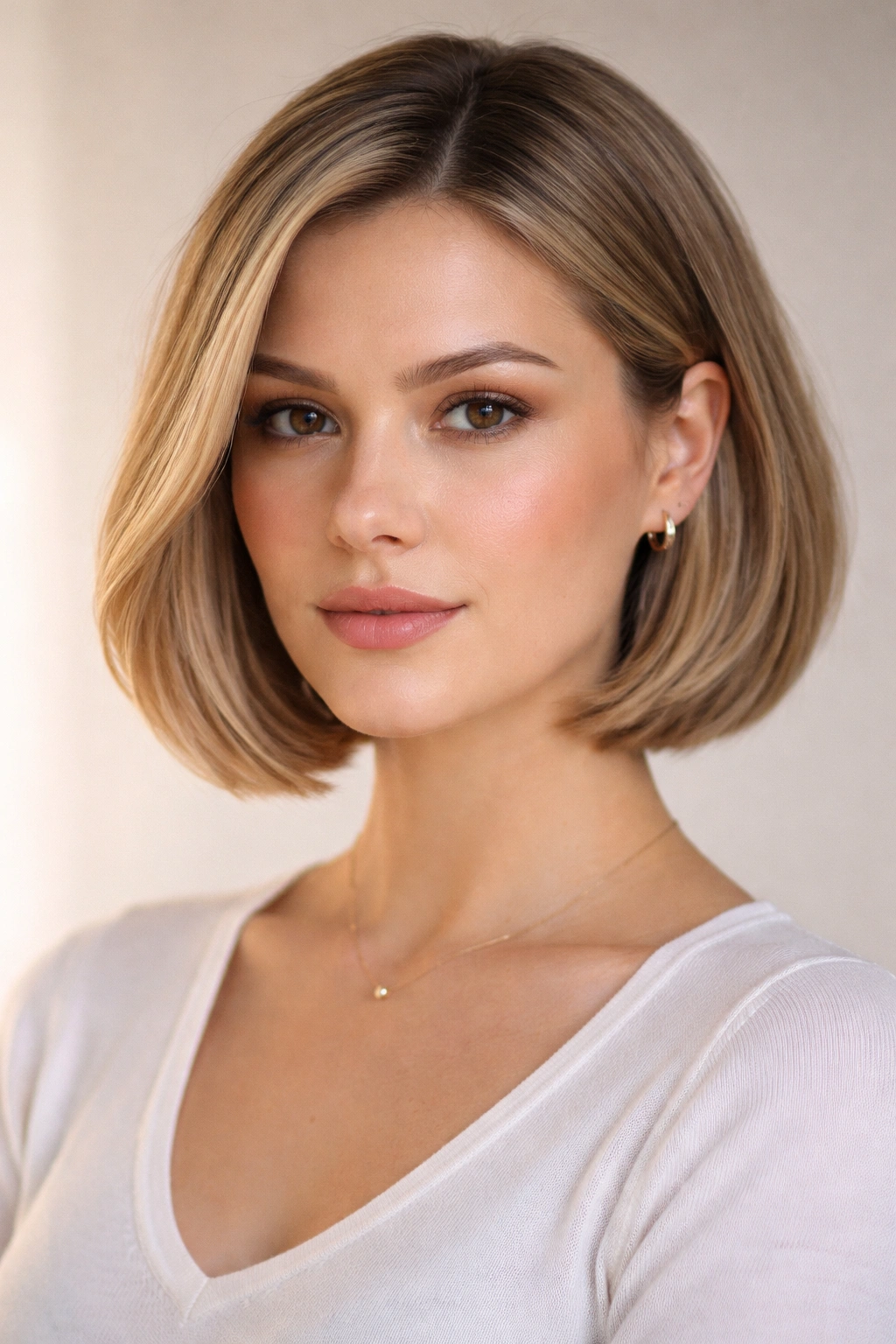 Square-faced model with fine hair in a jaw-length curved bob