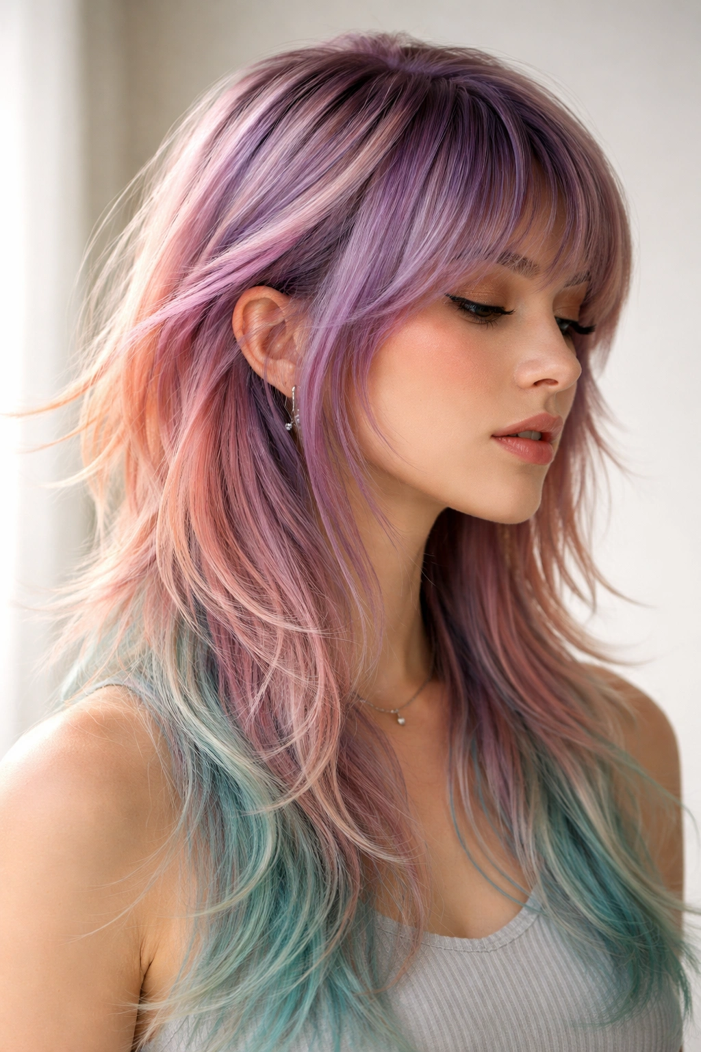 Close-up of jellyfish haircut with ombre color and textured layers