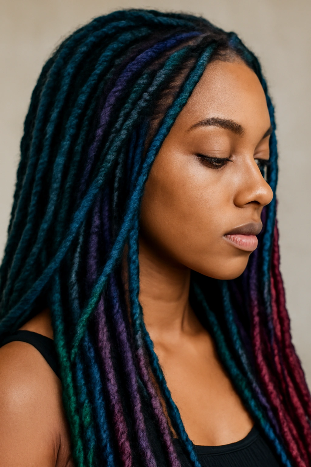 Jewel-tone faux locs in emerald and sapphire hues