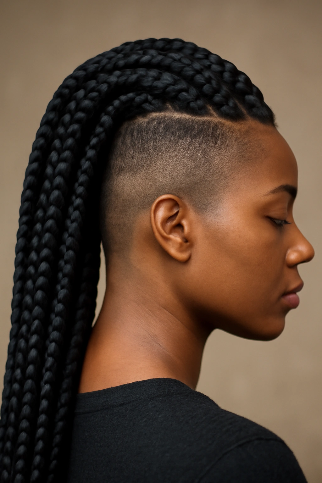 Portrait featuring jumbo box braids with shaved undercut at the nape