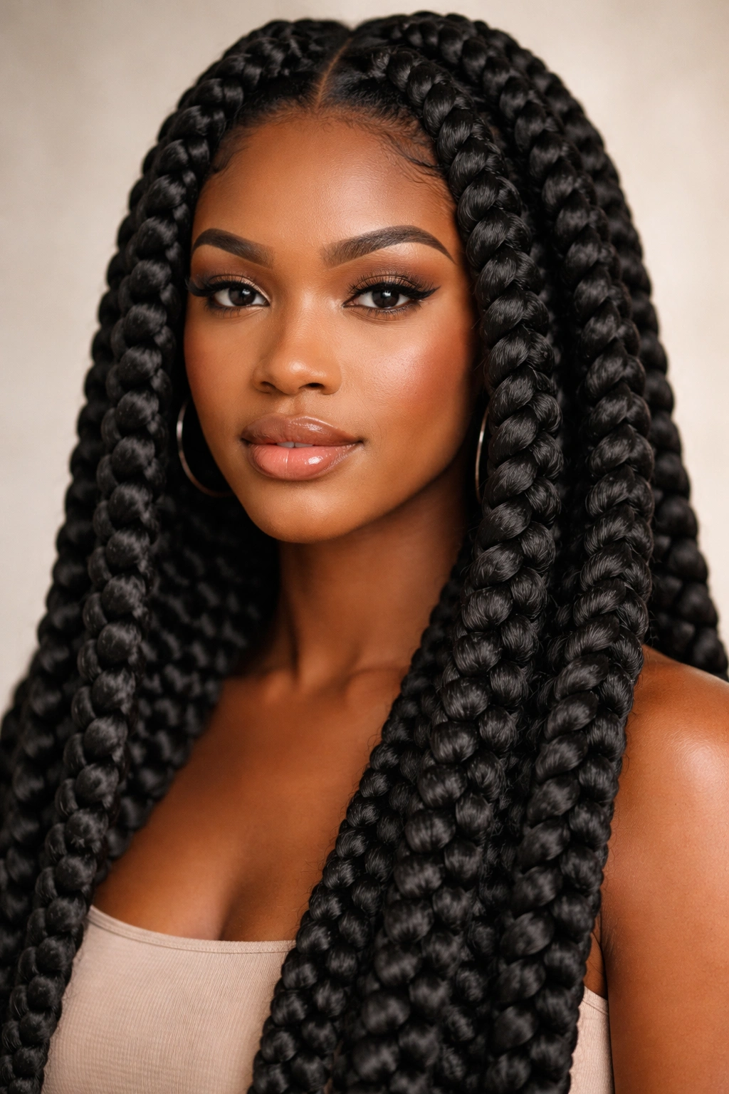 Close-up of a person with jumbo braids showing thick, glossy box braids and bold volume