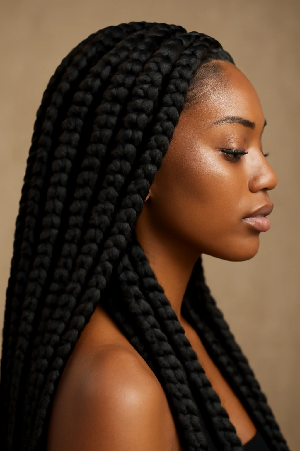 Front view of jumbo knotless braids with thick, chunky sections