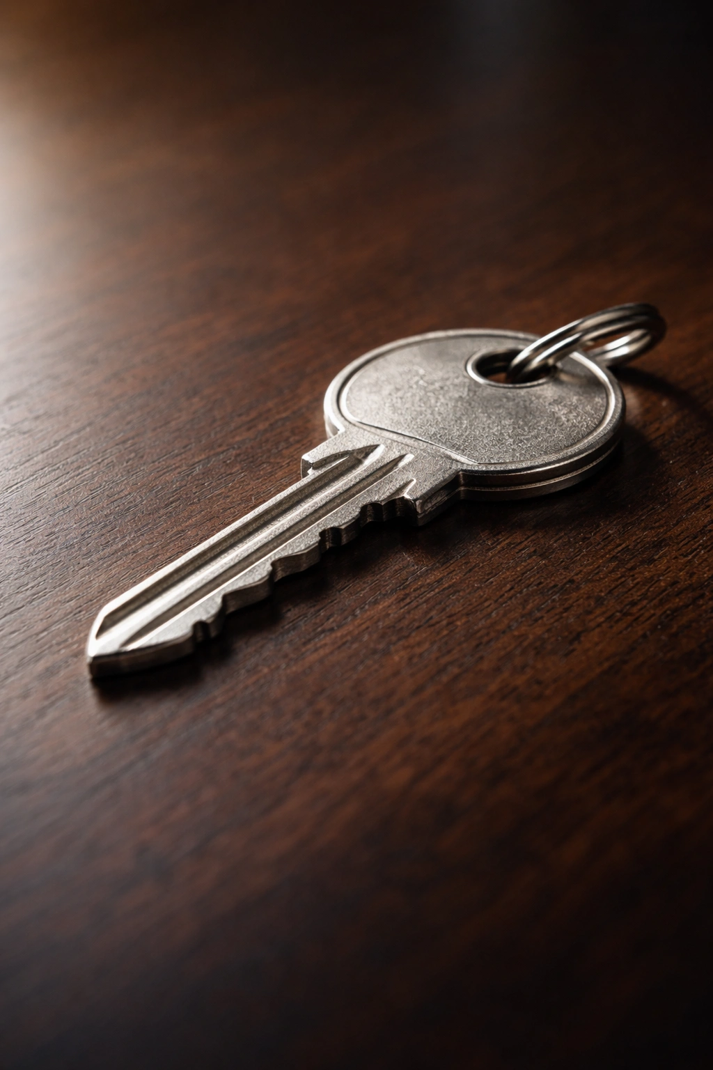 Close-up of a single metallic key on dark wood, symbolizing key takeaways for faux locs maintenance and timelines