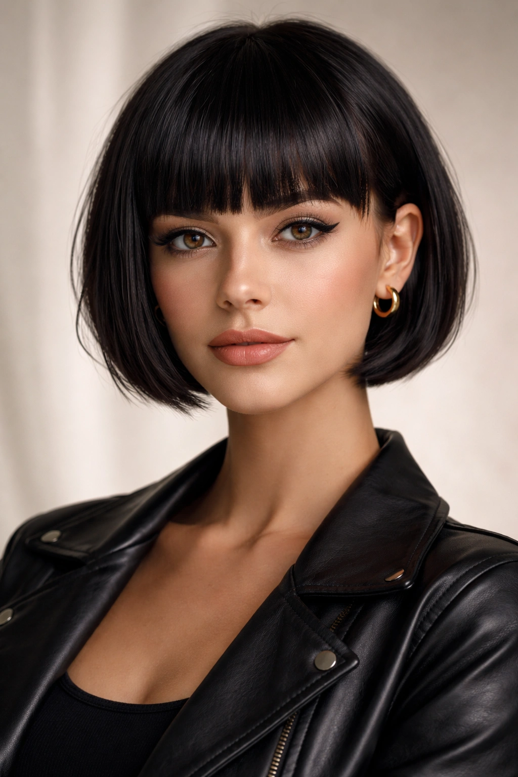 Head-and-shoulders portrait of bold short cut with thick blunt bangs