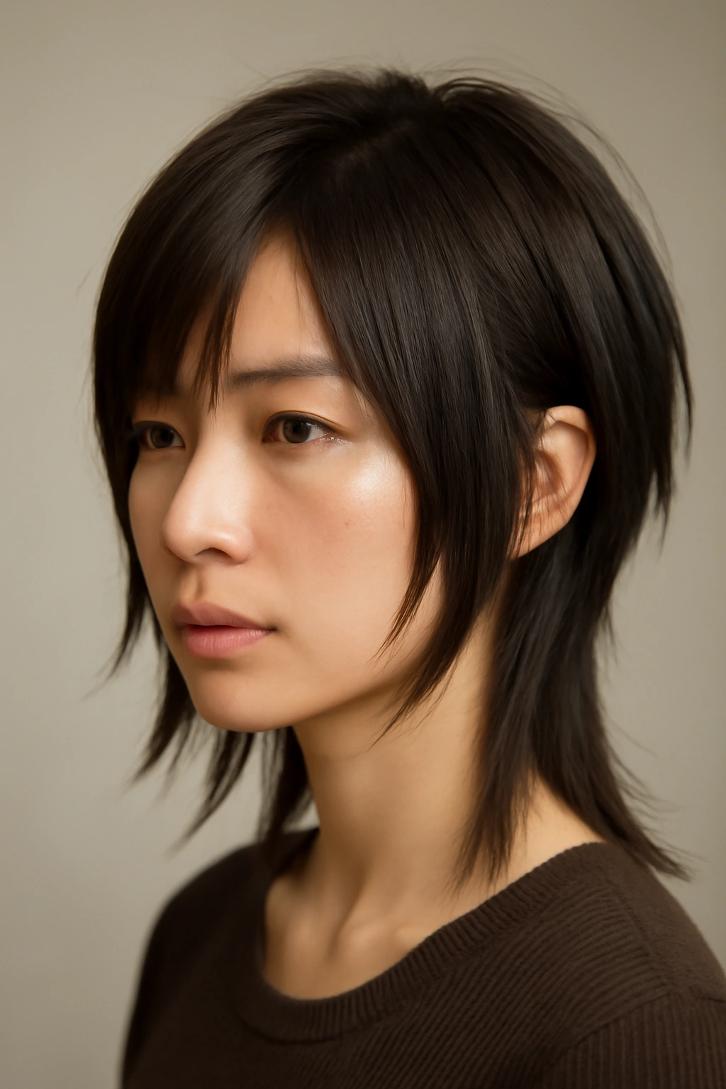 Portrait of a person with Kitsune (Fox) Cut featuring sharp, angled layers and asymmetry