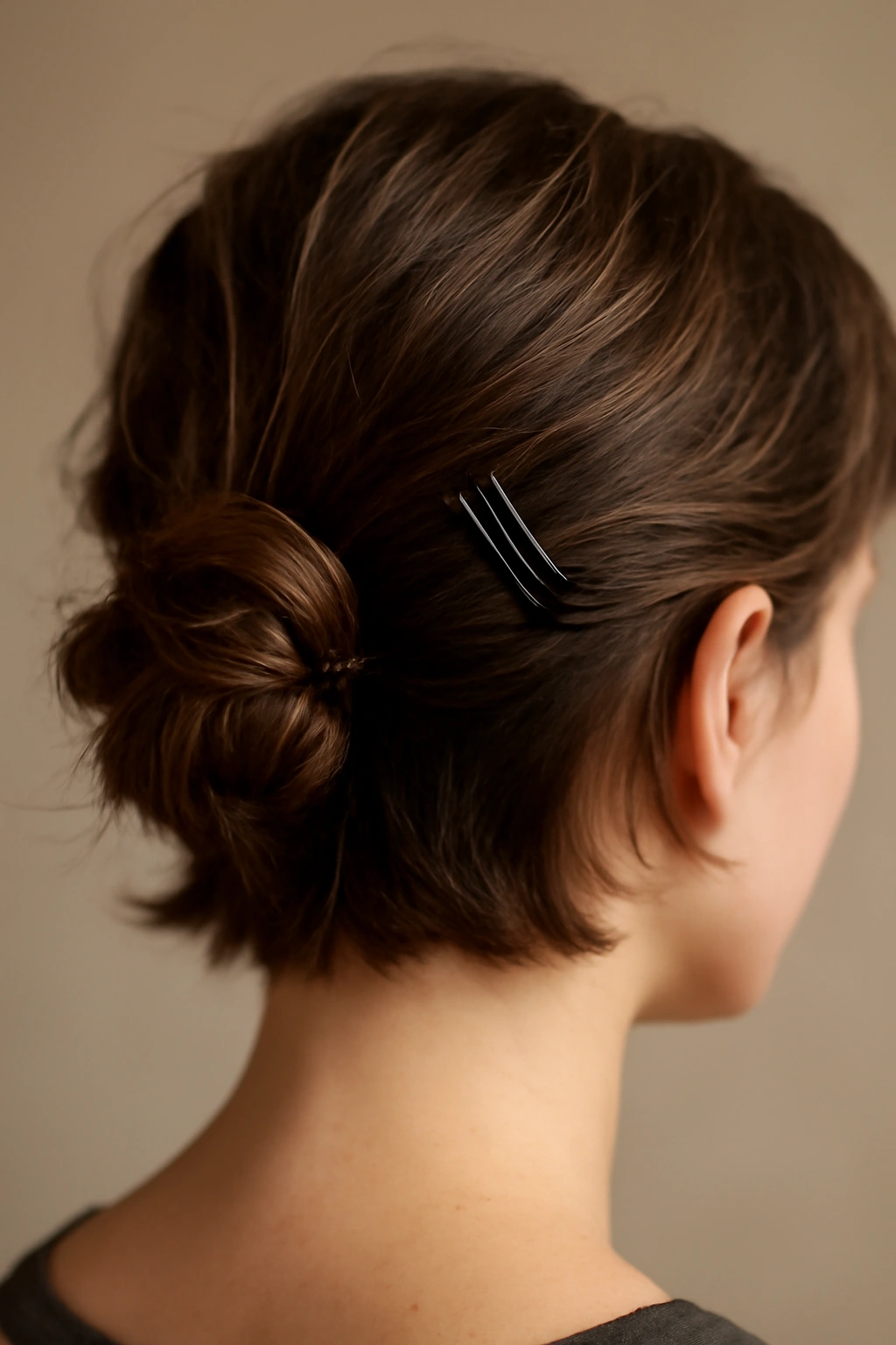 Close-up of a short-haired bun with a small base knot and wrapped hair secured by bobby pins