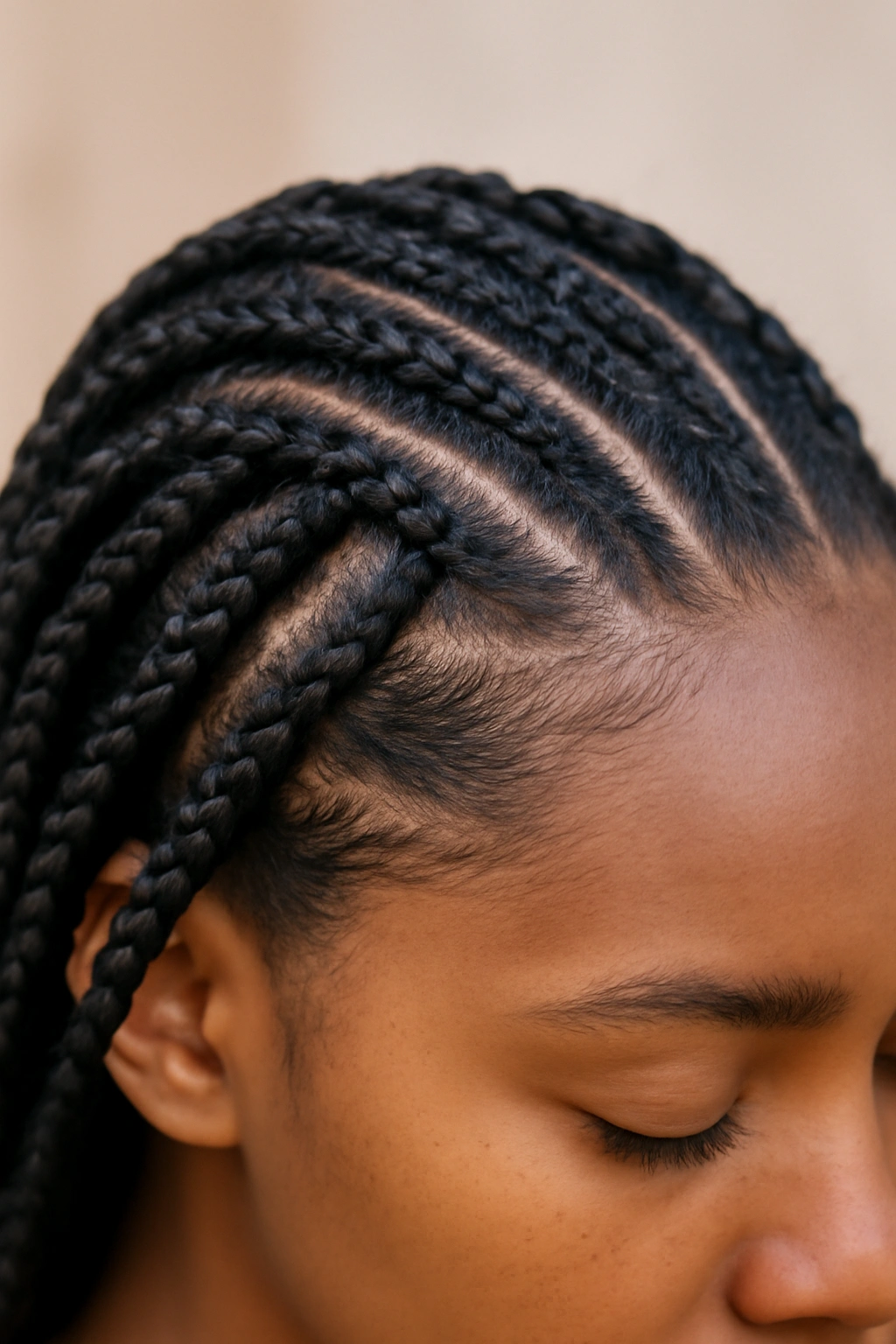 Knotless box braids close-up with smooth scalp at the roots