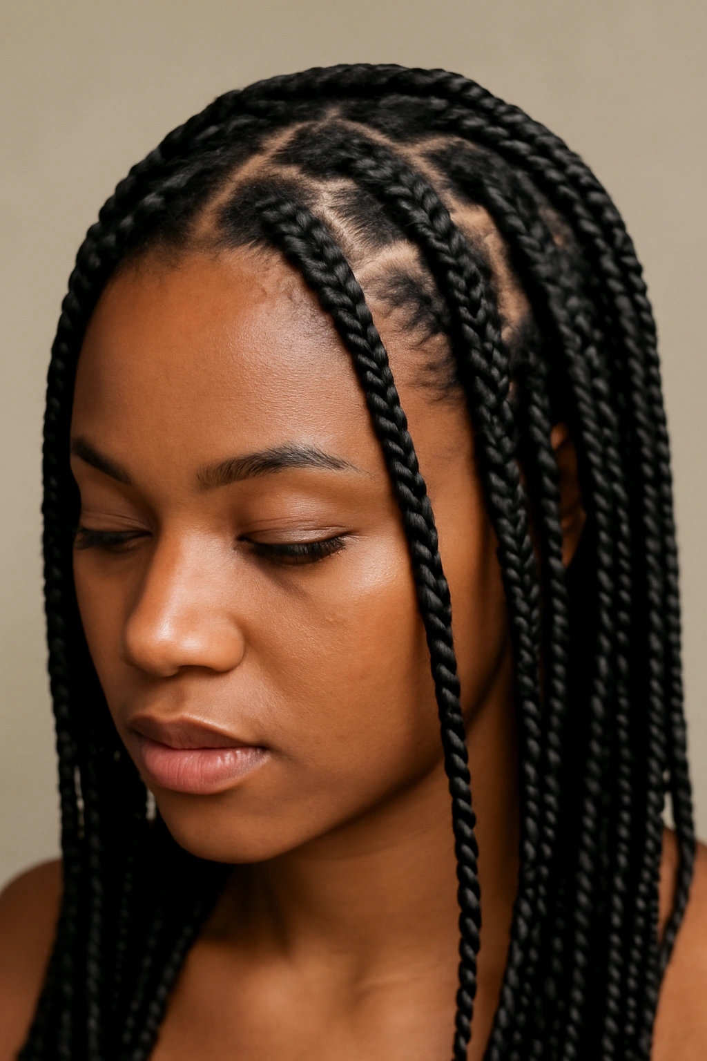 Close-up of knotless box braids with square sections and smooth scalp.