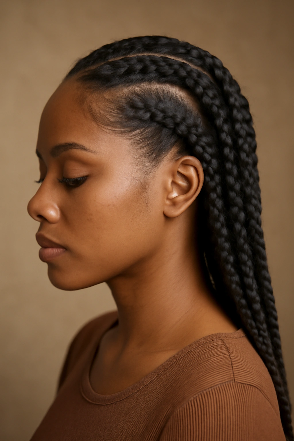 Knotless braids blending natural hair with synthetic extensions