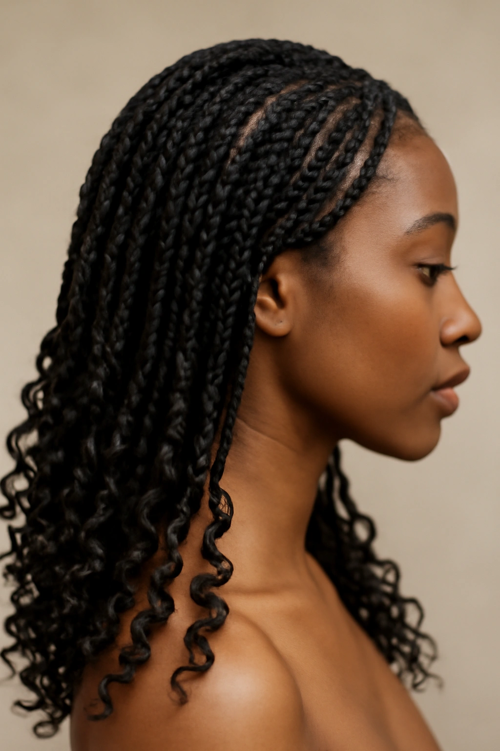 Knotless braids with curly tips at the ends