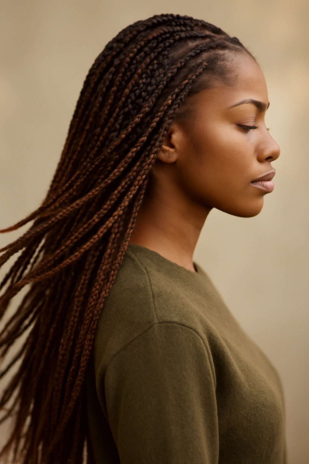 Knotless braids in warm tones with smooth movement.