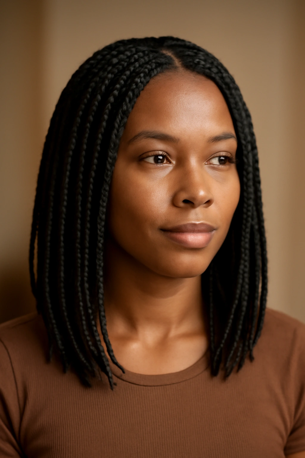 Head-and-shoulders portrait of medium-length knotless braids