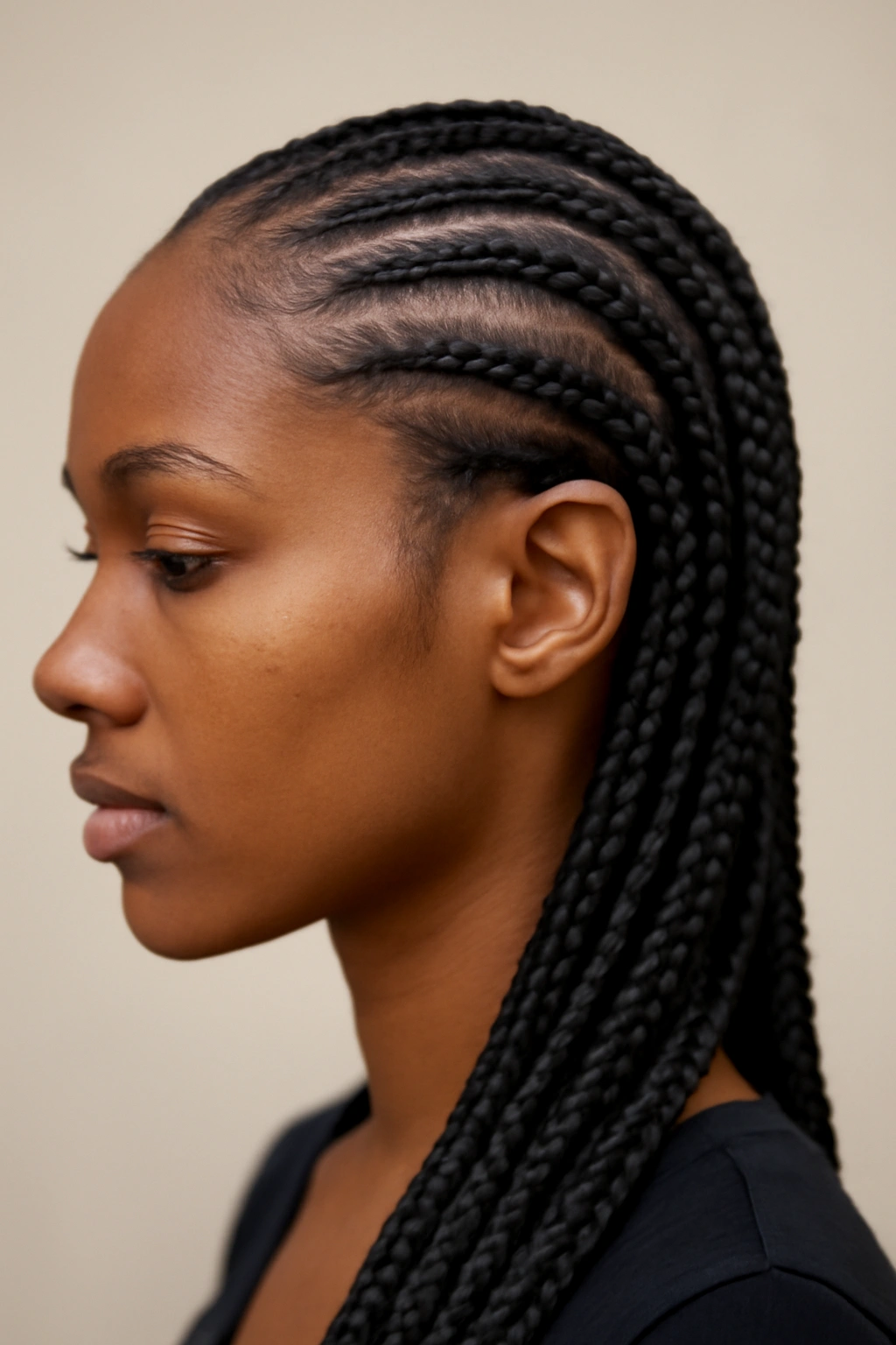 Knotless braids showing seamless roots without visible knots