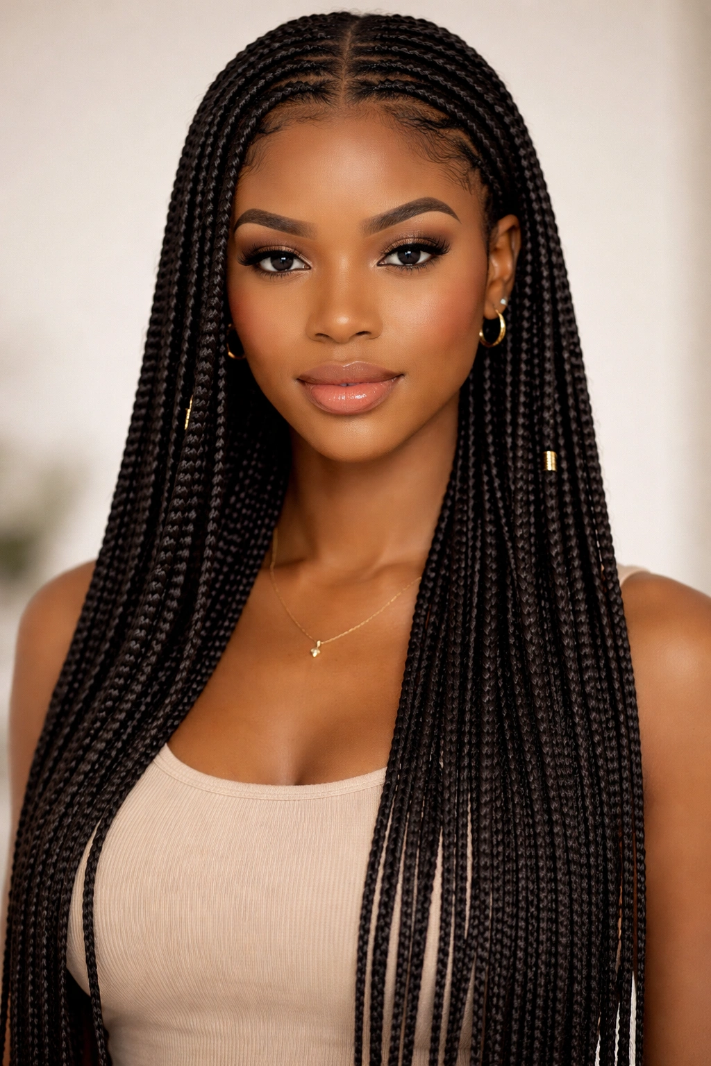 Front view of knotless braids with smooth roots and clean braid texture