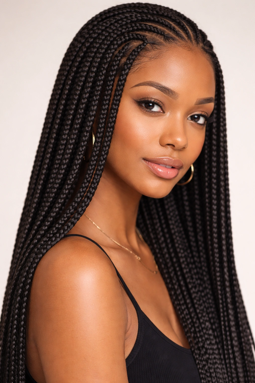 Close-up of knotless braids with a seamless scalp line.