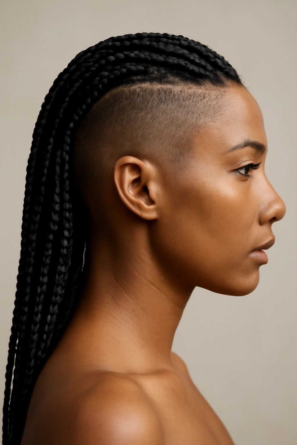 Close-up profile of knotless braids with undercut and shaved sides