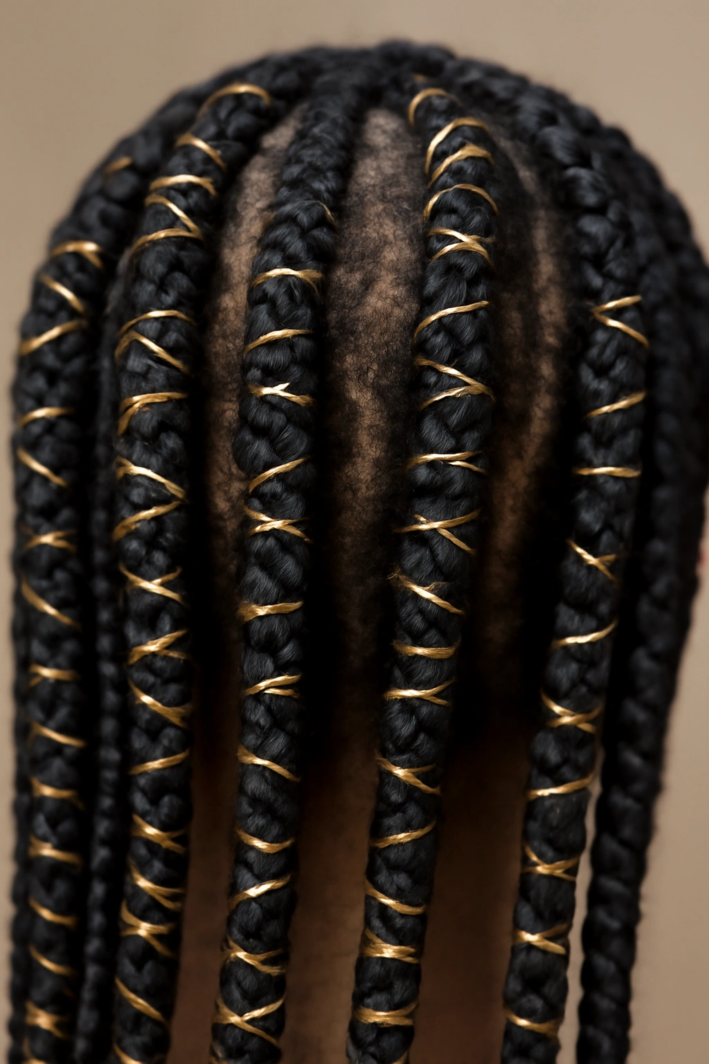 Knotless braids wrapped with gold thread showing striped texture