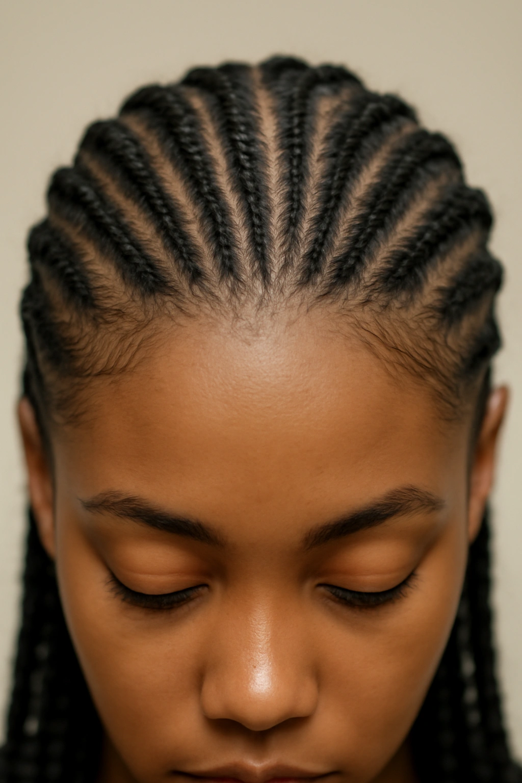 Close-up of knotless cornrows showing straight, close-to-scalp rows.
