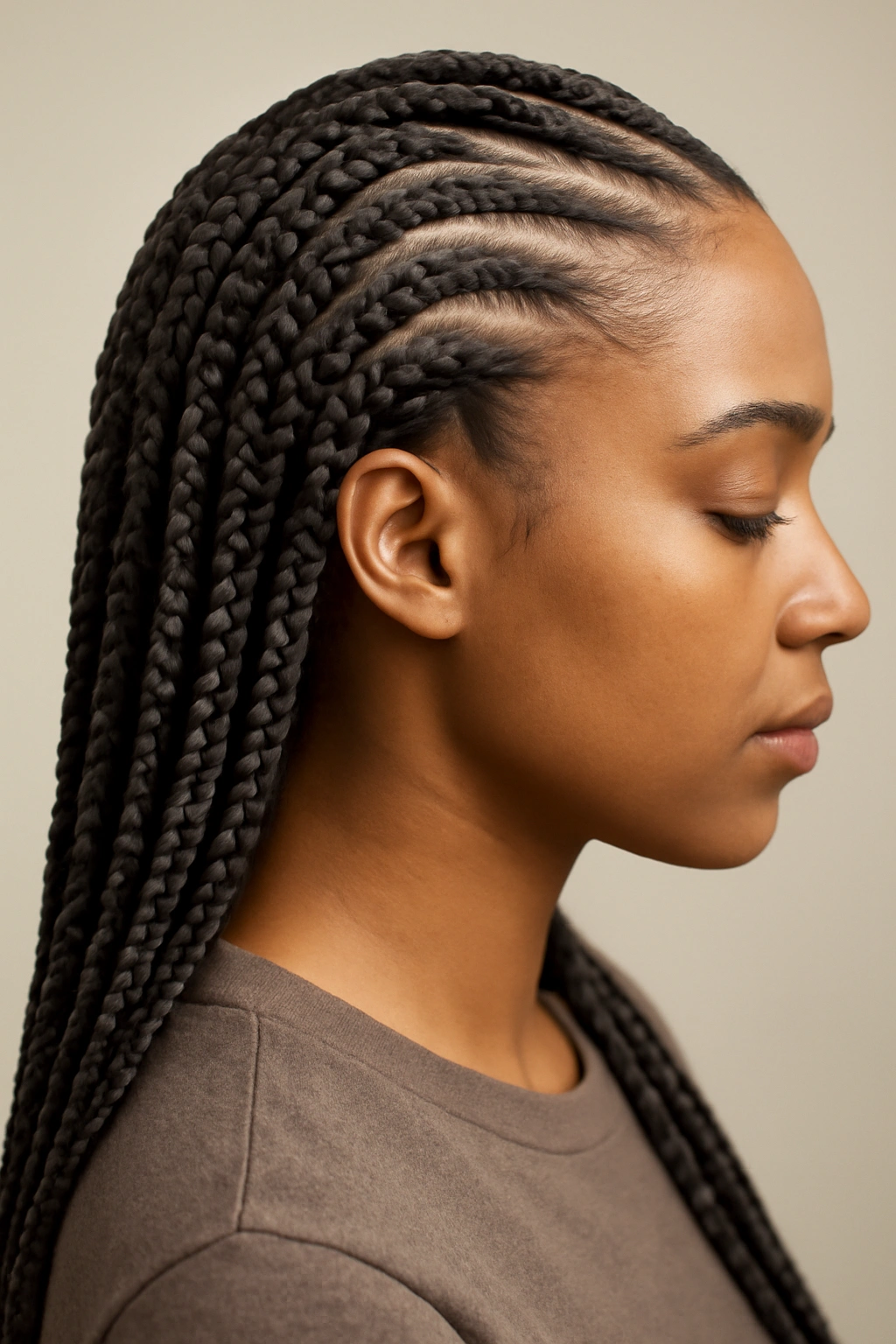 Side profile of knotless feed-in braids showing gradual hair integration along the braid.