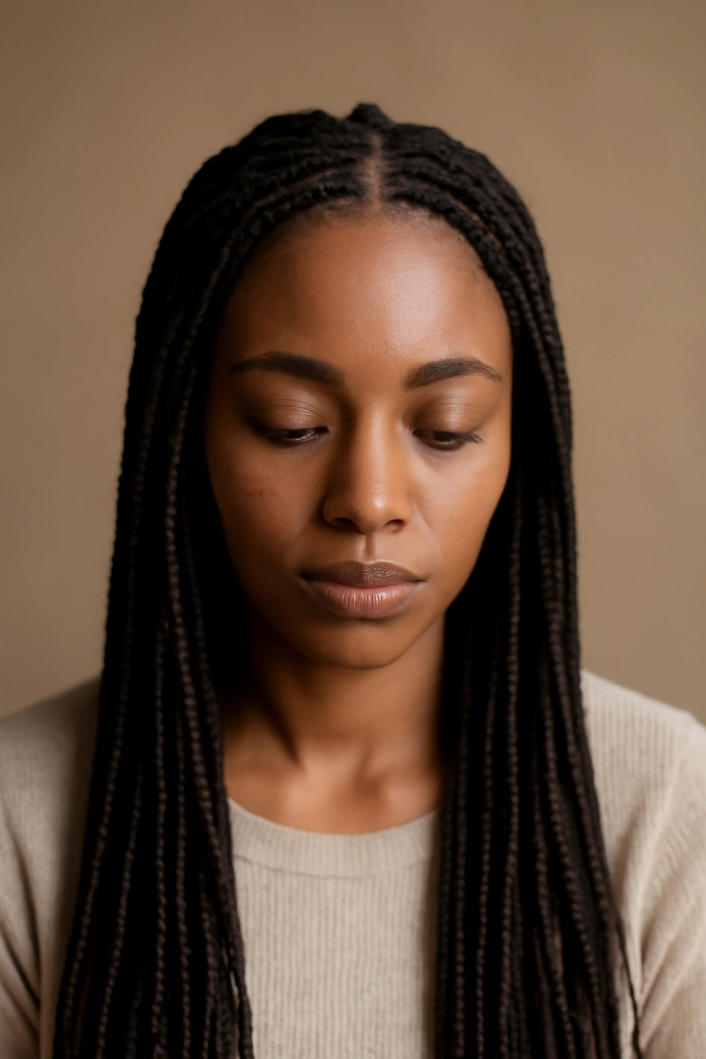 Studio portrait emphasizing knotless braids in a reflective pose