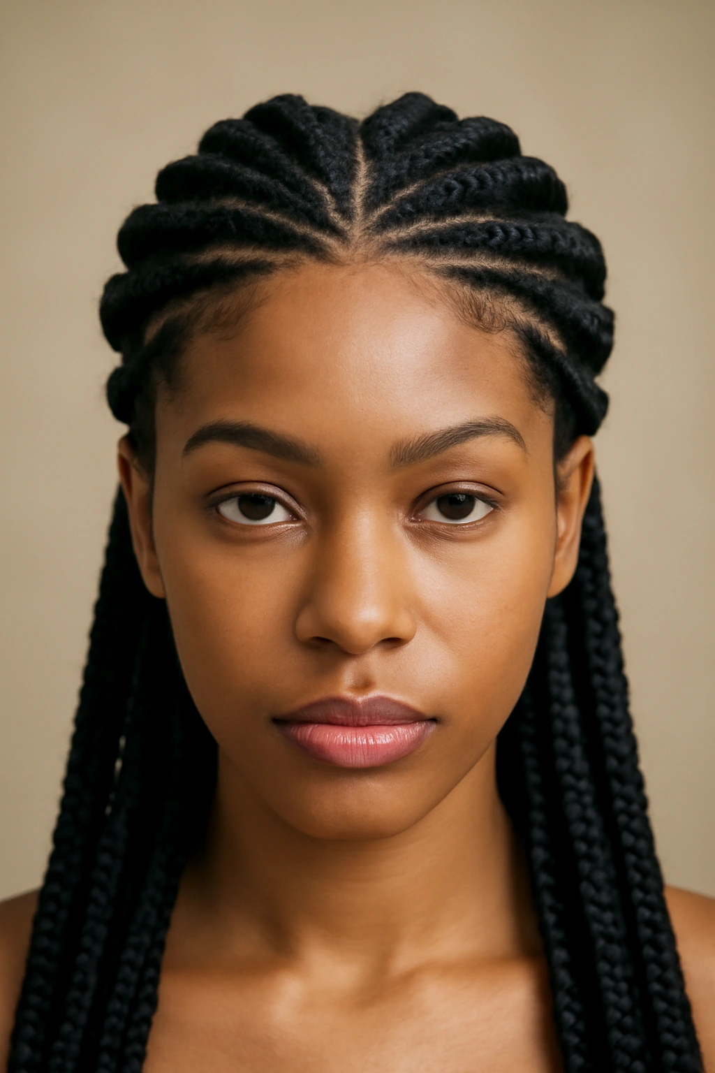 Close-up of knotless goddess braids forming a crown-like pattern near the scalp.