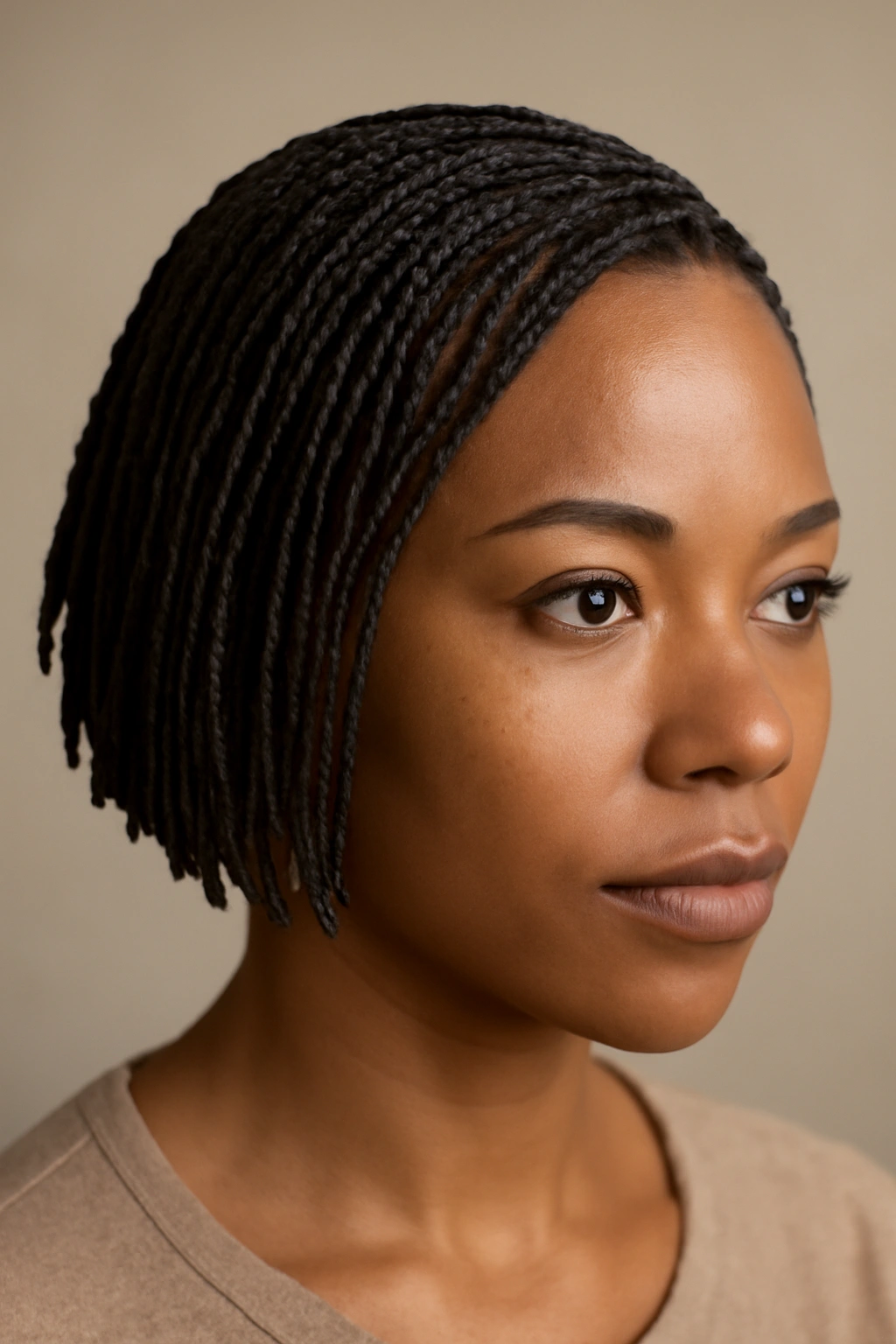Close-up of knotless micro braids on short hair showing many tiny braids.